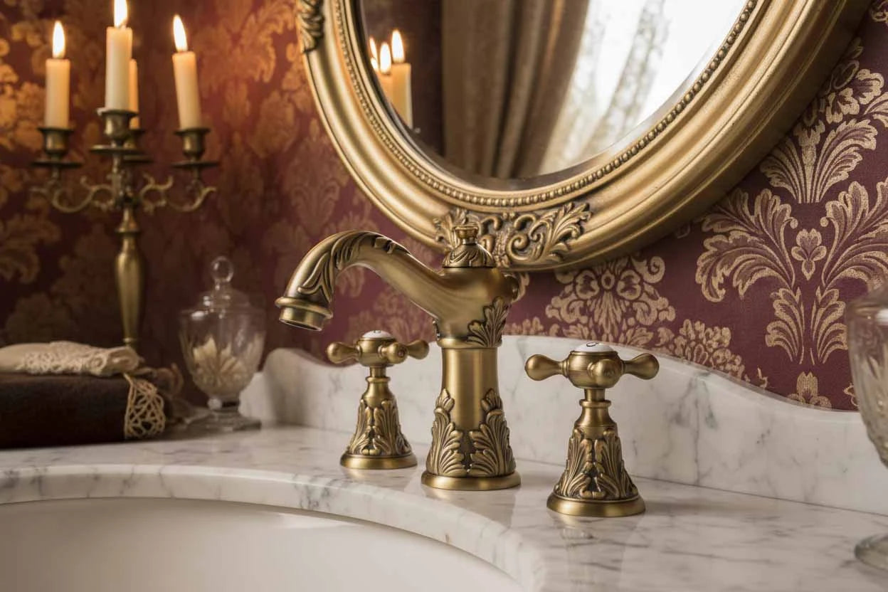 traditional antique brass vanity faucet three hole deck mounted 