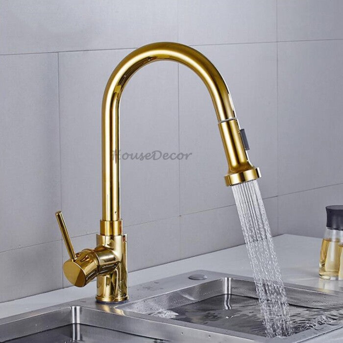 Gold kitchen sink mixer tap pull out spray detail view