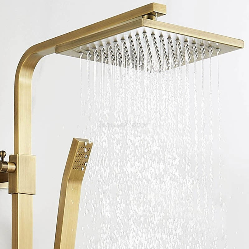 Antique Brass Shower Mixer Set Square Rainfall Head Handset Bath Spray Kit Faucet