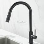 Modern kitchen sink mixer tap swivel spout detail view
