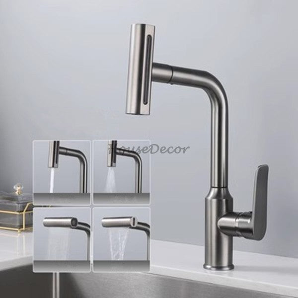 Modern kitchen sink mixer tap swivel spout detail view