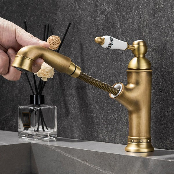 Antique Brass bath shower mixer tap pull out spray detail view