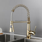 Gold kitchen sink mixer tap swivel spout detail view