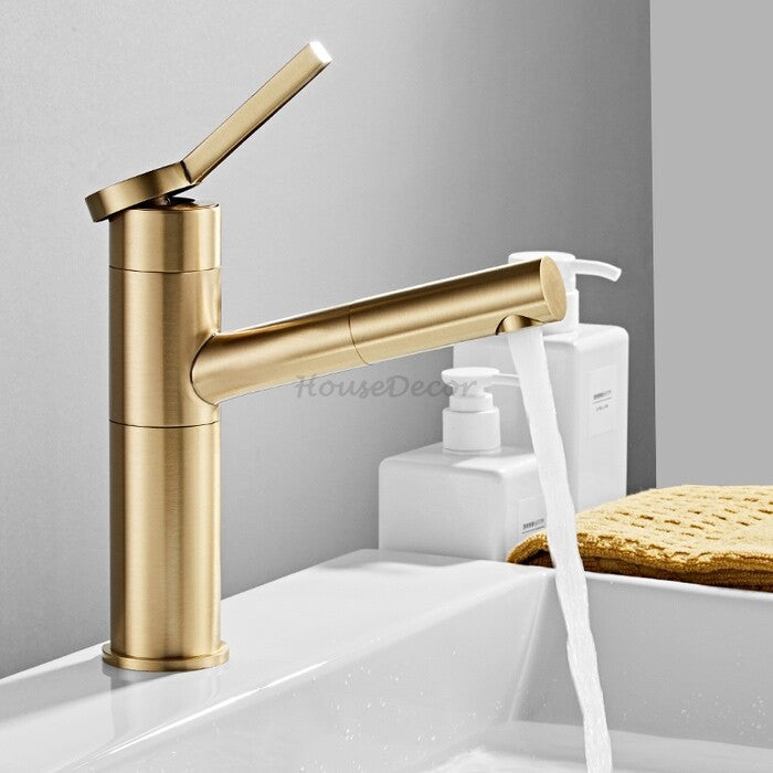 Brushed Gold Brass bath shower mixer tap pull out spray main view