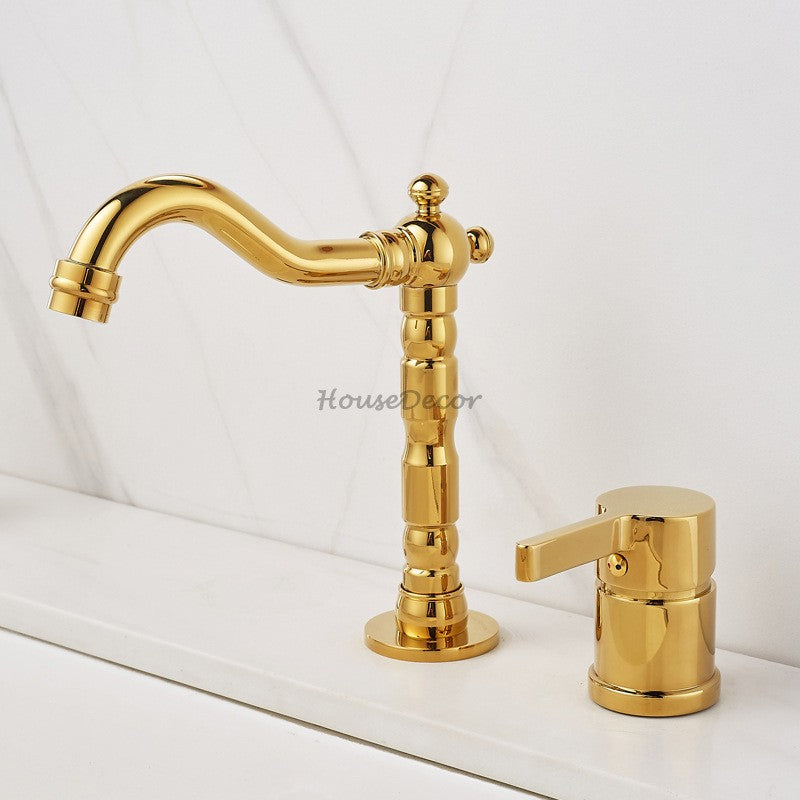 Gold bath shower mixer tap deck mounted design detail view