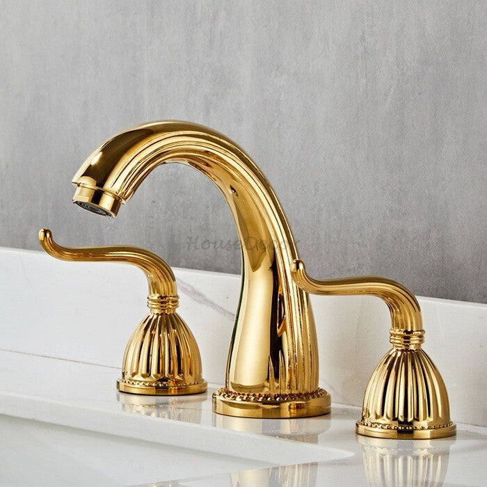 Gold bath shower mixer tap dual handle control detail view