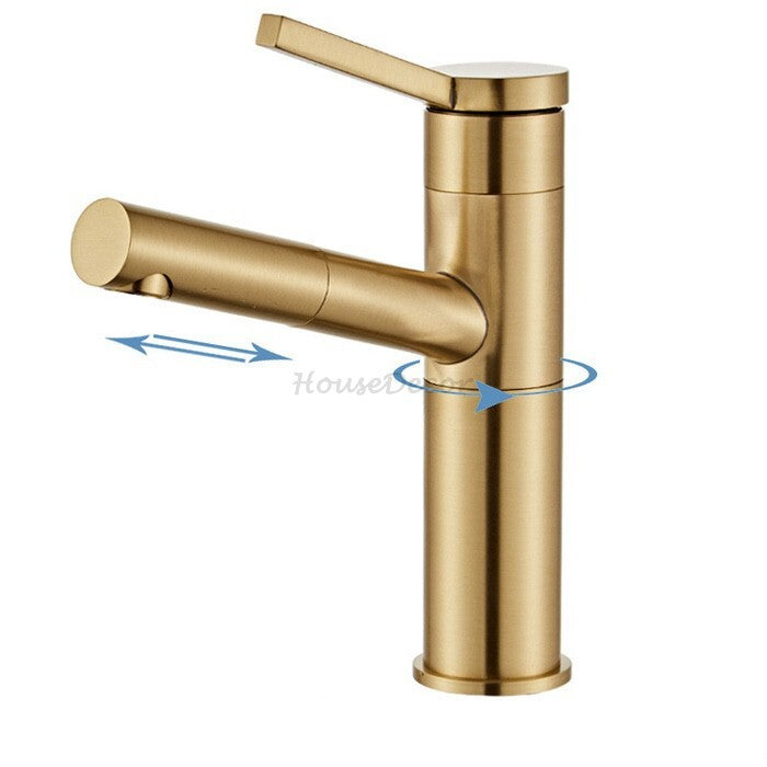 Brushed Gold Brass bath shower mixer tap pull out spray detail view