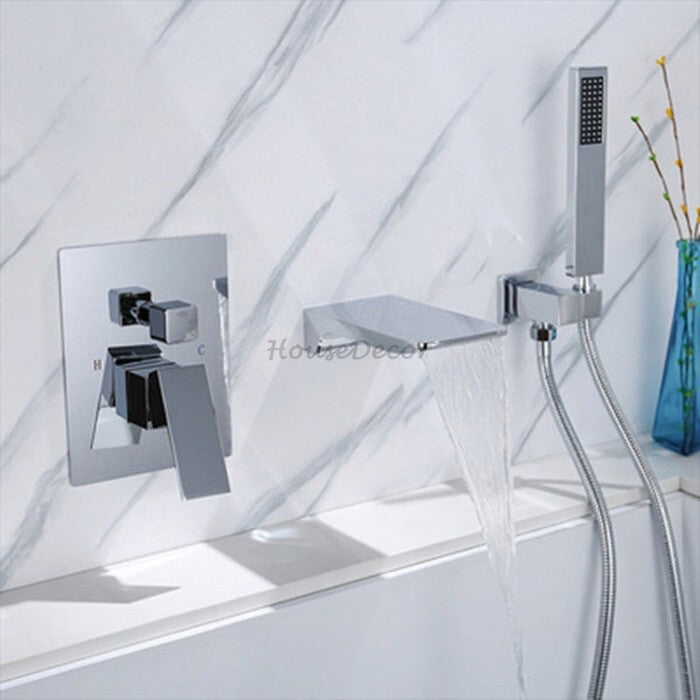 Modern bath shower mixer tap waterfall spout detail view