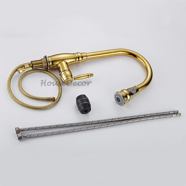 Gold kitchen sink mixer tap pull out spray detail view