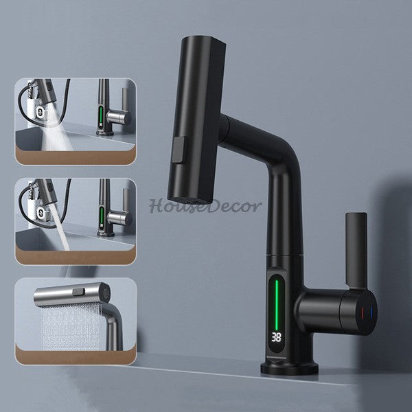 Modern bathroom basin mixer tap waterfall spout detail view