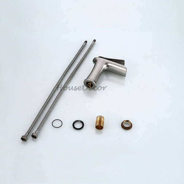 Brushed Nickel Brass bathroom basin mixer tap waterfall spout detail view