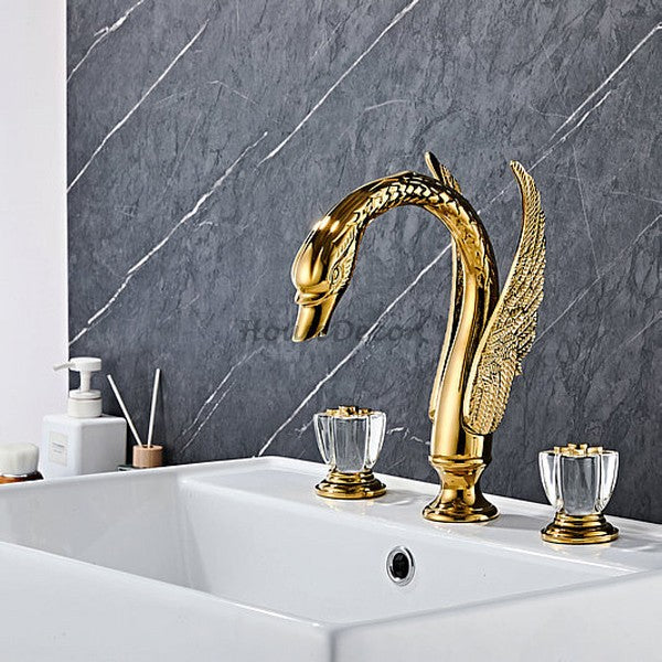 Gold bath shower mixer tap dual handle control detail view