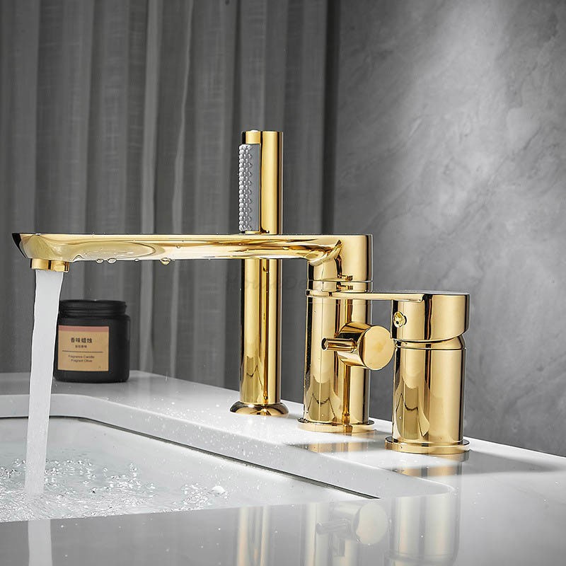 Gold Bathroom Tub Mixer Tap Hand Shower Luxury 3 Hole Deck Mounted Bath Faucet