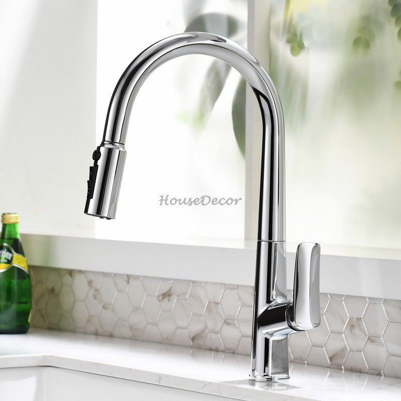 Modern kitchen sink mixer tap pull out spray detail view