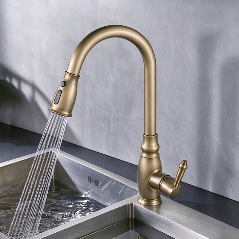 Brushed Brass Kitchen Sink Mixer Tap Pull Out Spray Mono Vintage Swivel Faucet