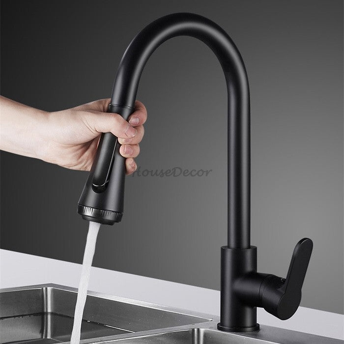 Black bath shower mixer tap pull out spray detail view