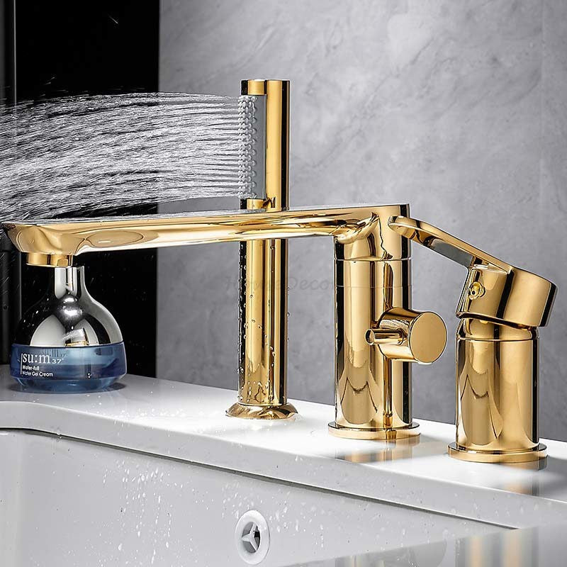 Gold Bathroom Tub Mixer Tap Hand Shower Luxury 3 Hole Deck Mounted Bath Faucet