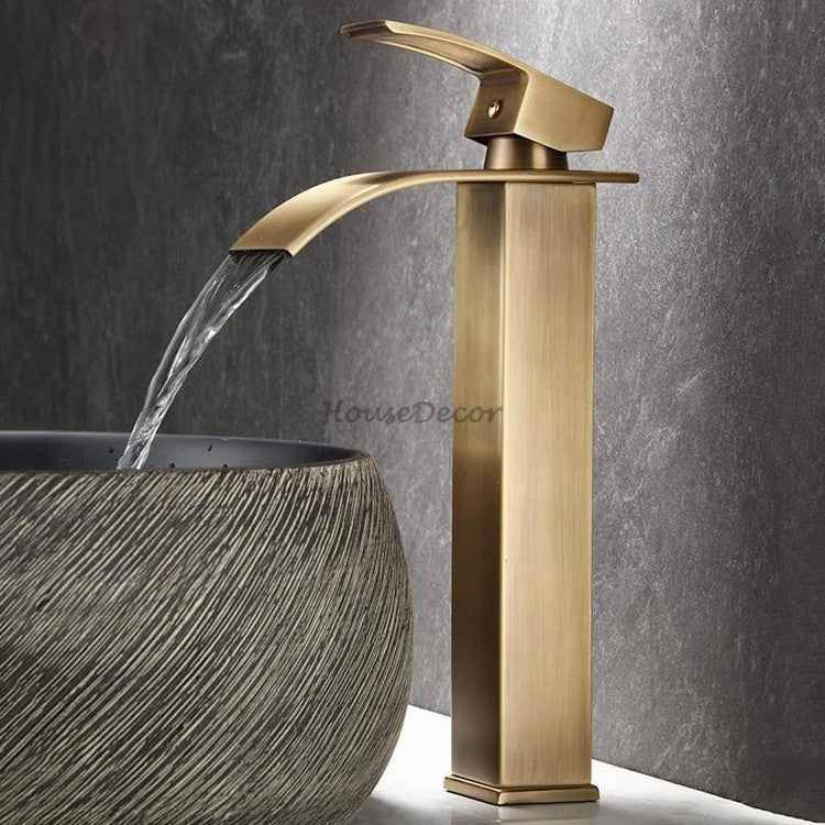 Antique Brass bath shower mixer tap waterfall spout detail view