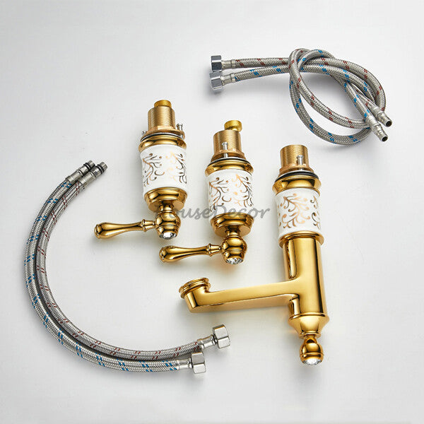 Gold Ceramic bathroom basin mixer tap 3 hole installation additional view