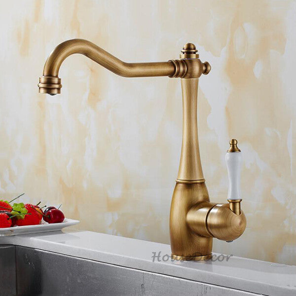 Antique Brass kitchen sink mixer tap swivel spout detail view