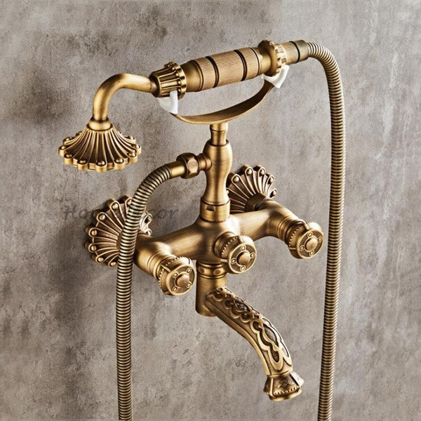 Antique Brass bath shower mixer tap wall mounted design detail view