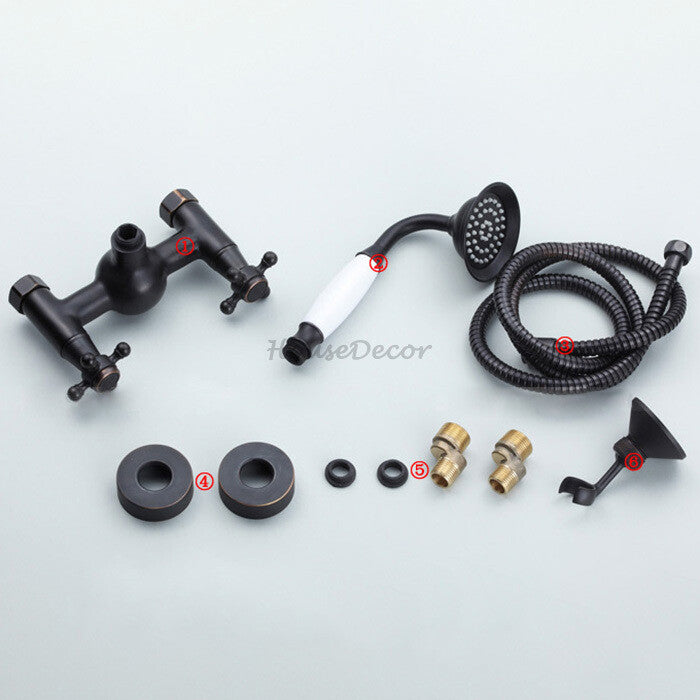 Black bath shower mixer tap dual handle control detail view