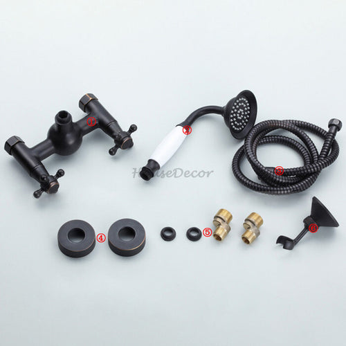Black bath shower mixer tap dual handle control detail view