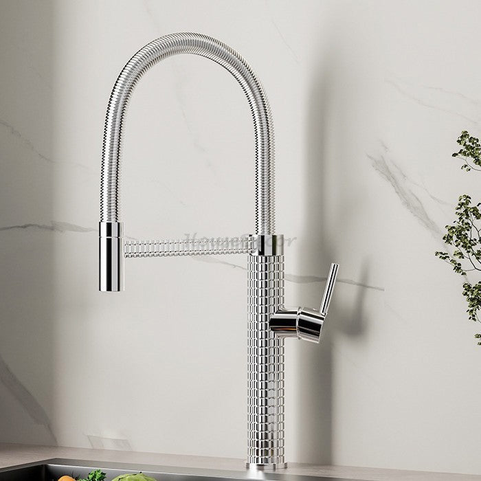Modern kitchen sink mixer tap swivel spout detail view