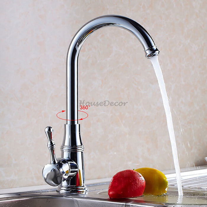 Chrome kitchen sink mixer tap swivel spout detail view