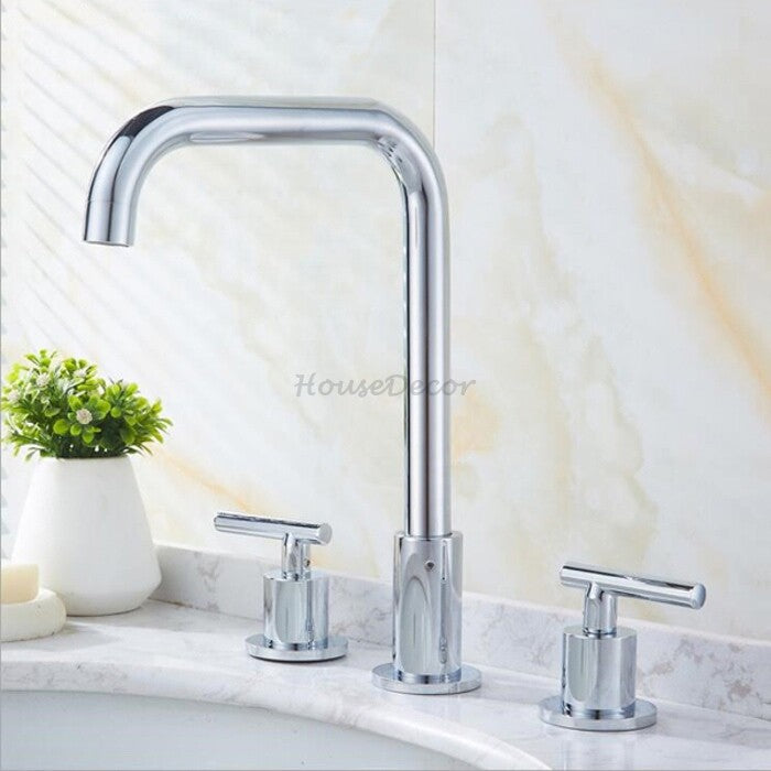 Modern bath shower mixer tap dual handle control detail view