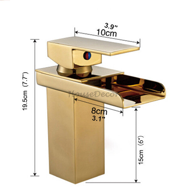 Gold bath shower mixer tap waterfall spout detail view