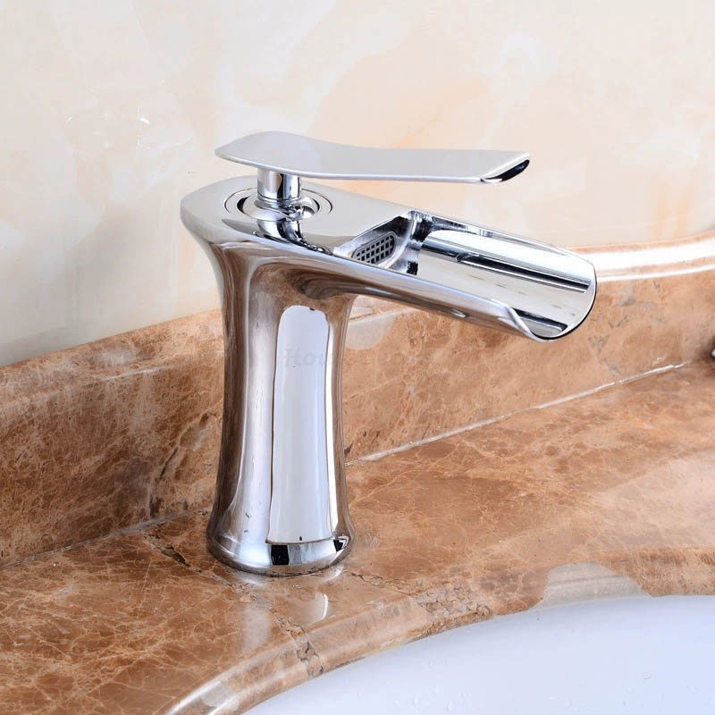 Modern bath shower mixer tap waterfall spout detail view