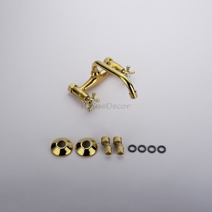 Gold kitchen sink mixer tap dual handle control detail view