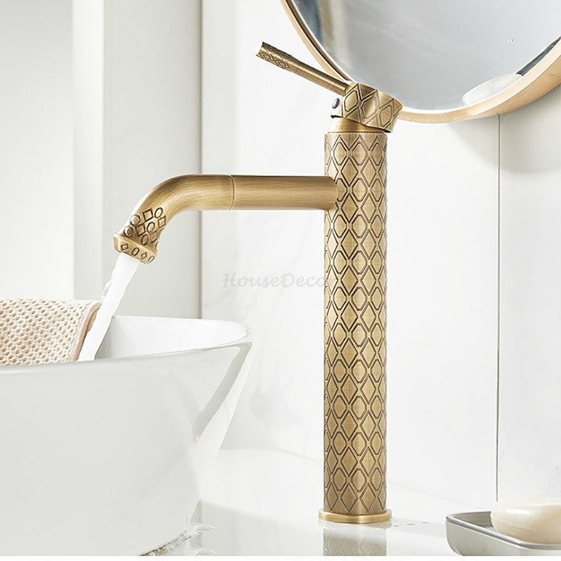 Diamond Pattern Engraved Brass Basin Mixer Tap Bathroom Countertop ‌Single Hole