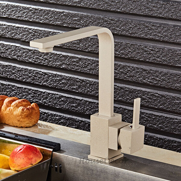 Modern kitchen sink mixer tap swivel spout detail view