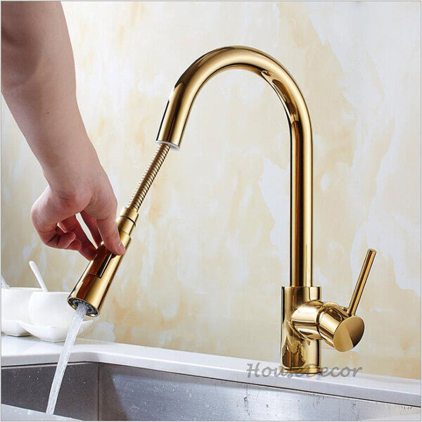 Gold kitchen sink mixer tap pull out spray detail view