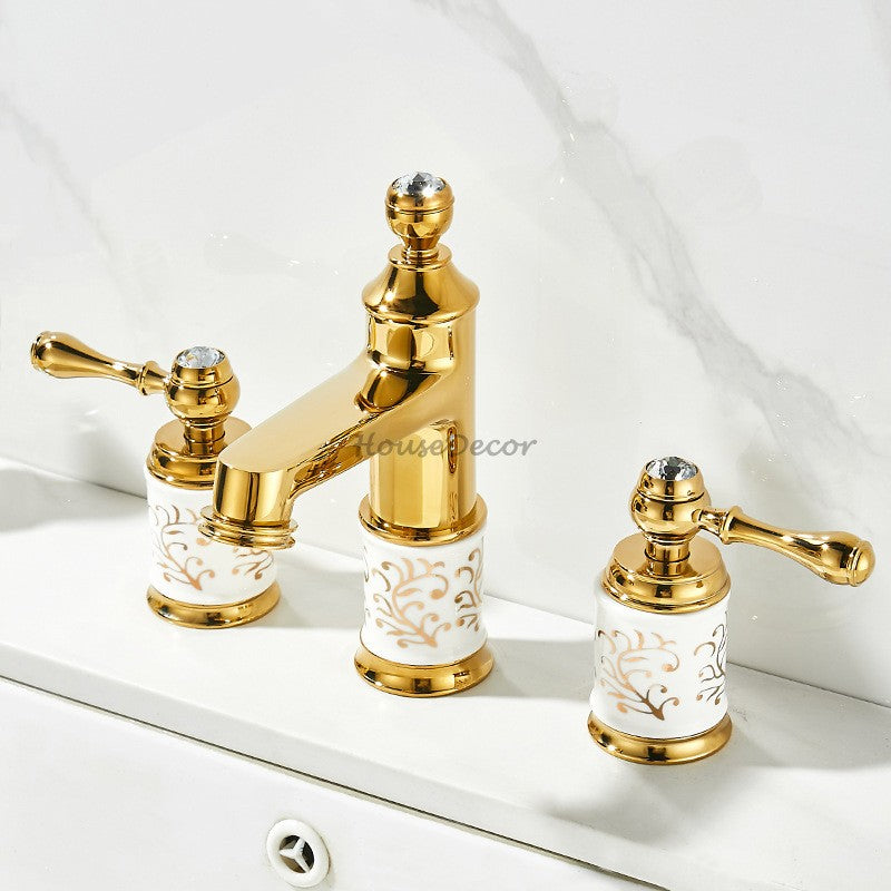 Gold Ceramic bathroom basin mixer tap 3 hole installation detail view
