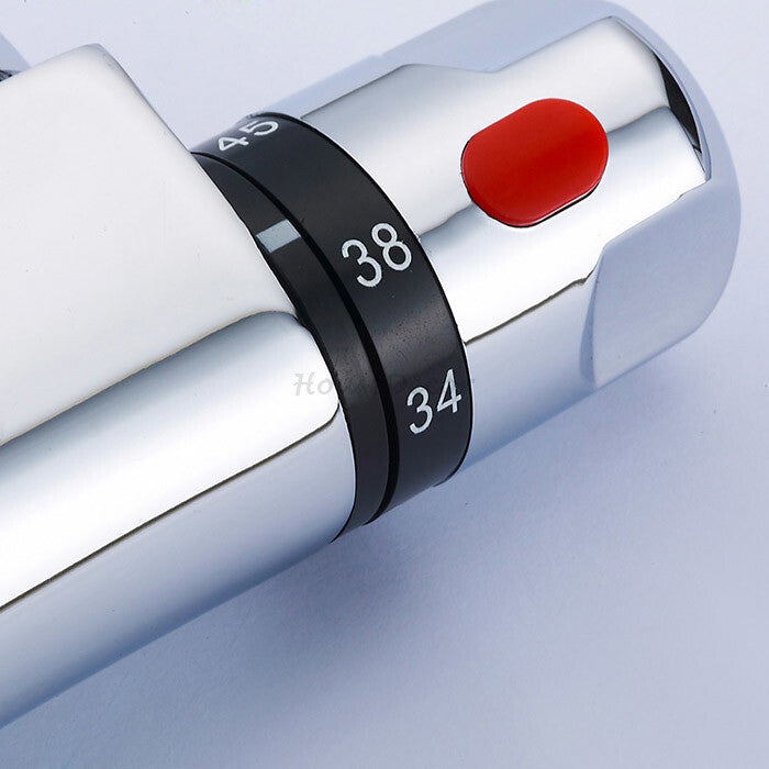 Modern bath shower mixer tap thermostatic control detail view