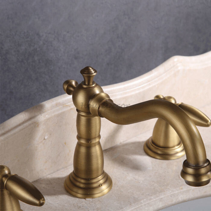 Antique Brass bath shower mixer tap 3 hole installation detail view