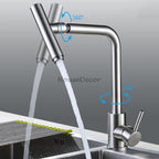 Modern kitchen sink mixer tap swivel spout detail view