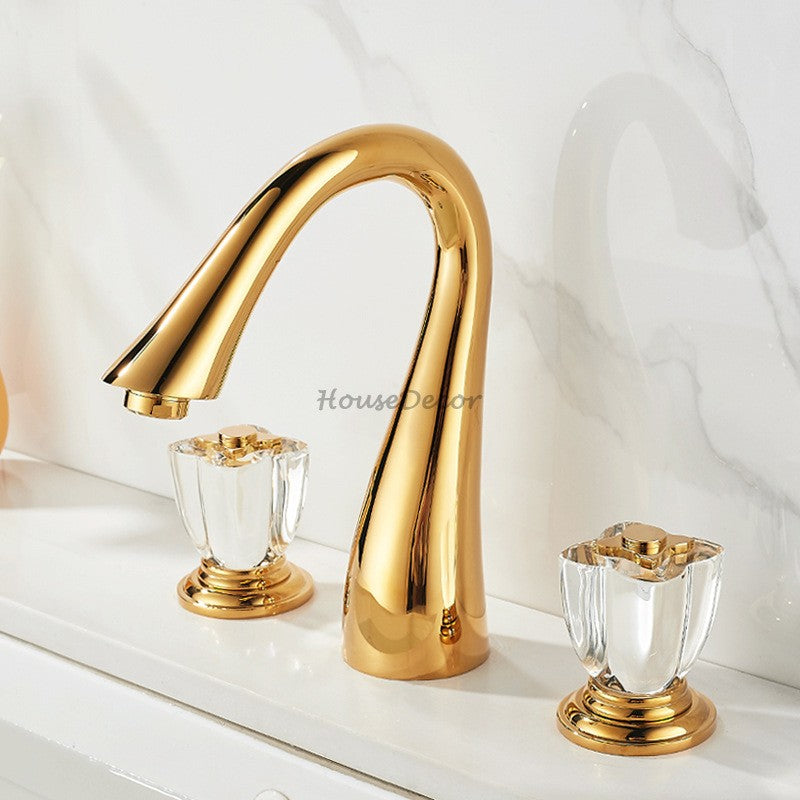 Gold bath shower mixer tap 3 hole installation detail view
