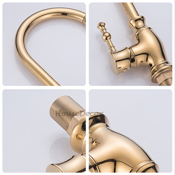Gold Brass kitchen sink mixer tap swivel spout detail view