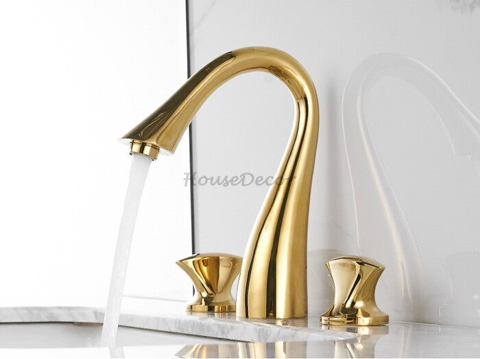 Gold Brass bathroom basin mixer tap deck mounted design detail view