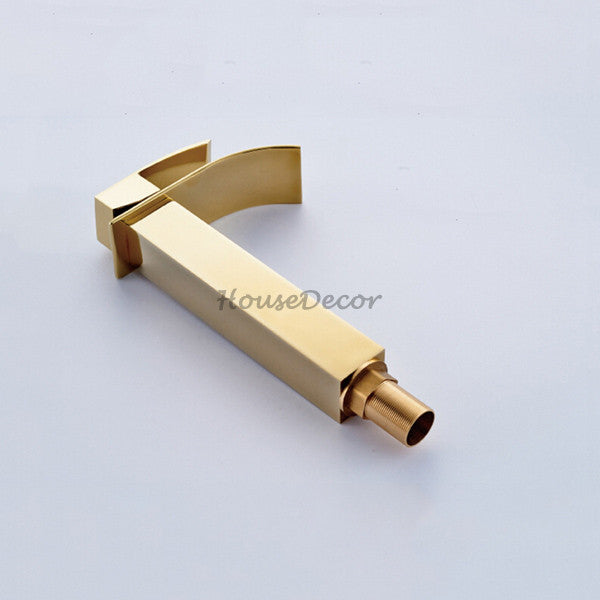 Gold bath shower mixer tap waterfall spout detail view