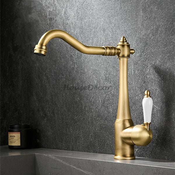 Antique Brass kitchen sink mixer tap swivel spout detail view