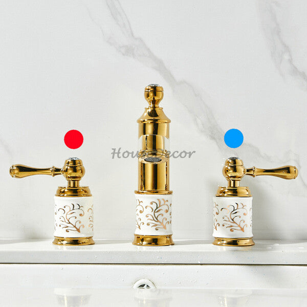 Gold Ceramic bathroom basin mixer tap 3 hole installation additional view