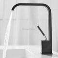Modern bathroom basin mixer tap waterfall spout detail view