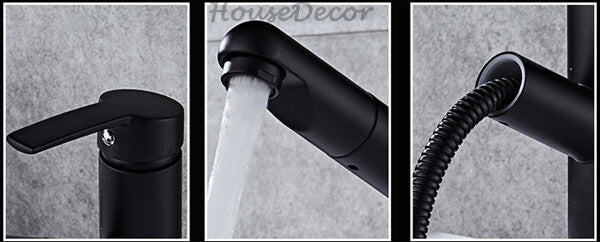 Matte Black bath shower mixer tap pull out spray detail view