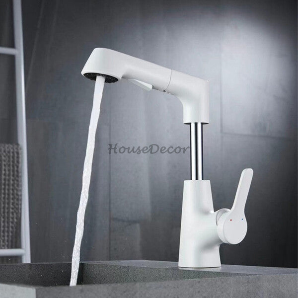 White bath shower mixer tap pull out spray detail view