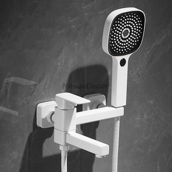 White bath shower mixer tap swivel spout detail view